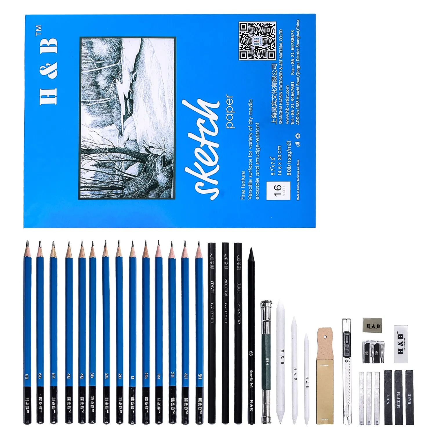 H & B Artist-Wooden Sketchbook Set para Iniciante, Desenho Azul, Kit de Ferramentas Lápis Carvão, Art Supplies, Alta Qualidade, 35Pcs