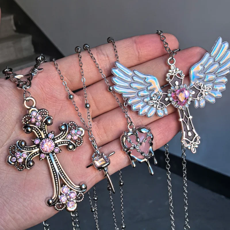 4Pcs Gothic Necklace Set Silver Powder Water Diamond Cross Angel Wings Dripping Heart Sword Pendant Stackable Necklace Jewelry