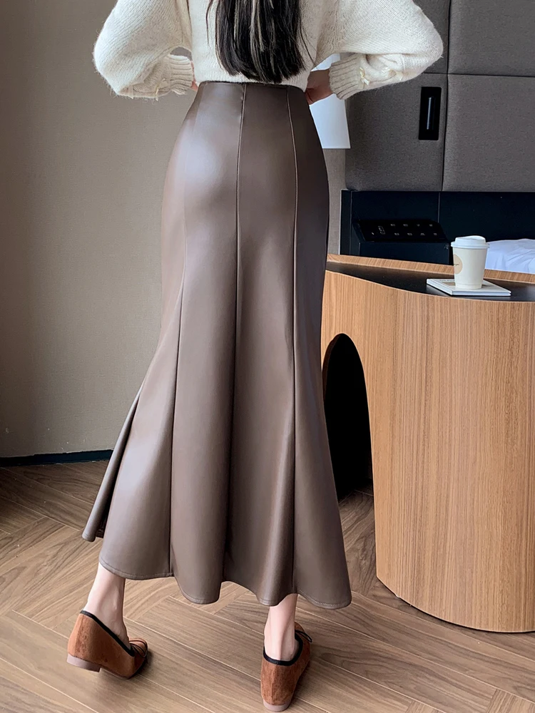 High Waist Pleated Bodycon Fishtail Skirts Mid Length AutumnWinter PU Leather Long Skirt Women's Clothing Elegant New Collection