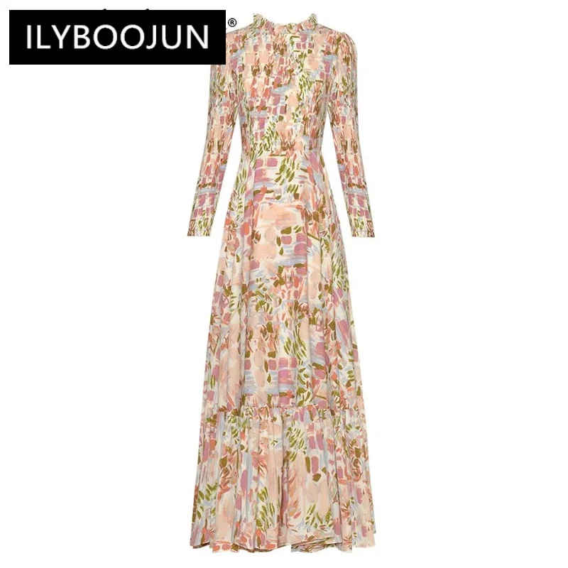 

ILYBOOJUN Fashion Designer Early Autumn Slim Dress Women O-Neck Long Sleeve Folds Floral Print Elegant Party Dresses