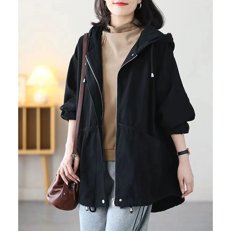 Large Size Women Hooded Trench Coat 2024 New Spring Autumn Women\'s Casual Windbreaker Korean Loose Female Lined Outerwear 4XL