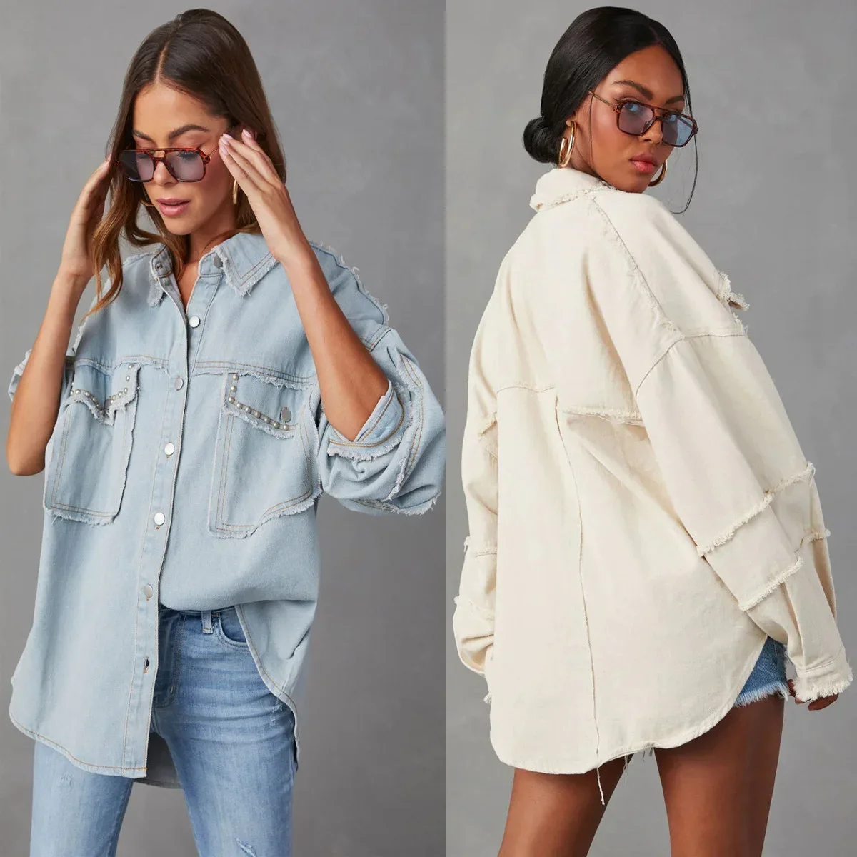 

Women Denim Coat Rivet Turn Down Collar Single Breasted Pockets Full Sleeve Autumn Female Washed Jacket Streetwear Outerwear