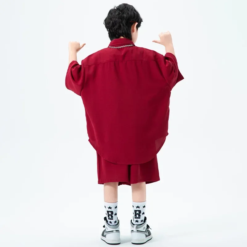 Wine Red Oversized Short Sleeve Shirt Top Wide Casual Summer Shorts Girl Boy Jazz Dance Costume Clothes Kid Hip Hop Clothing