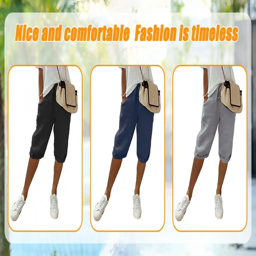 Womens Five Pants Shorts Women Summer Cotton Linen Elastic Waist Pocket Elastic Casual Pants Five Quarter Women's Clothing