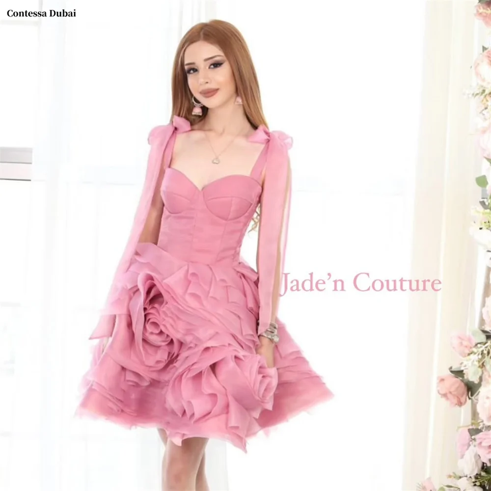 

Contessa Dubai Pink Spaghetti Strap 3D Flowers Prom Dresses Spaghetti Strap Customized فساتين سهرات Knee-Length robes de soirée