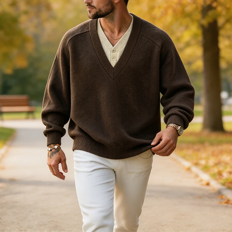 Vintage V‑Neck Fake Two‑Piece Pullover For Men Daily Solid Color Knit Long Sleeve Sweater Loose Jumper Fall Street Style Mens