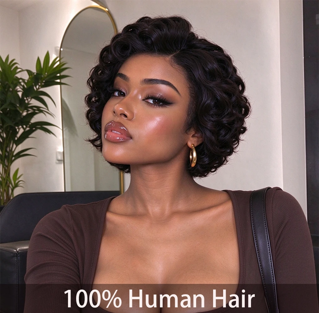 13X4 Lace Frontal Wig Pixie Cut Human Hair Short Curly Black Brazilian Remy Hair Natural Hairline for Black Women 180% Density
