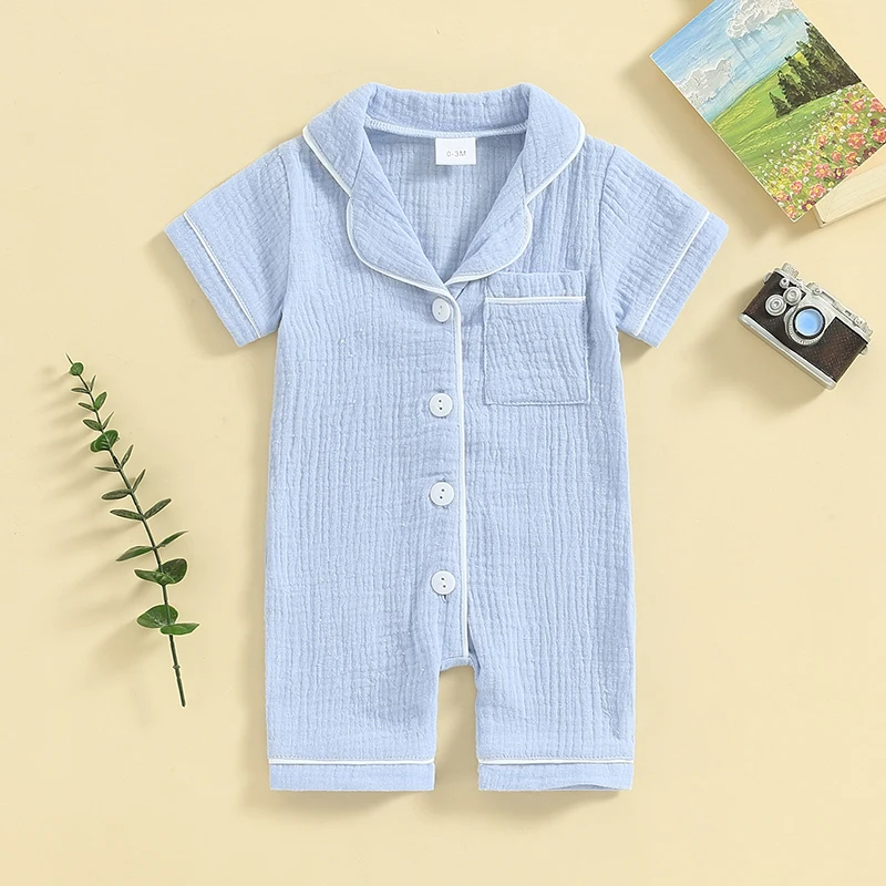 Jumpsuit bayi laki-laki perempuan, baju tidur Romper bayi baru lahir kerah Lapel lengan pendek dengan saku