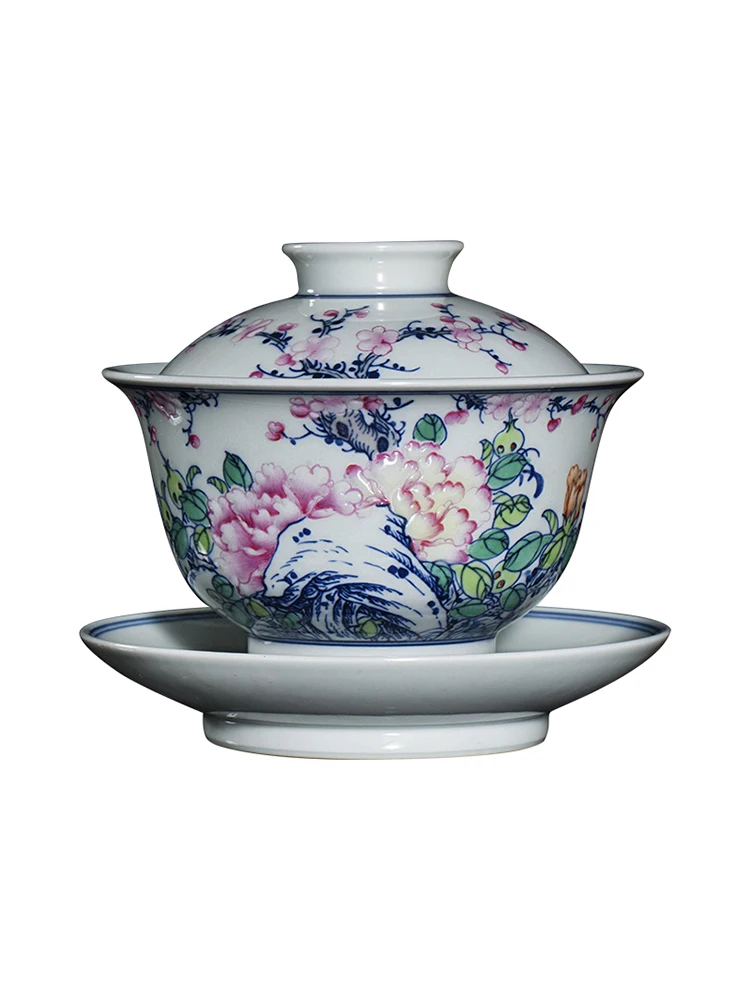 Zhongjia Kiln Ceramic Cover Bowl Cup Jingdezhen Chaiyao Blue And White Doucai Hand-painted Peony Flower Single High End Tea