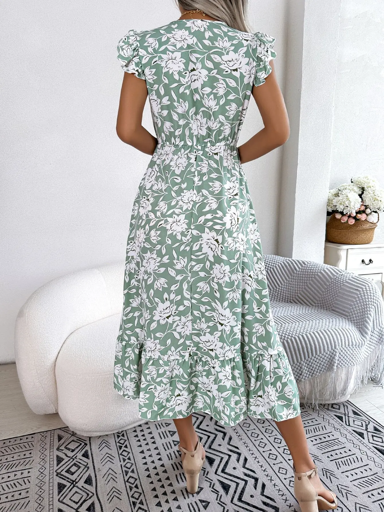 Dresses For Women Summer Print V Neck Sleeveless Dress A Line Beach Midi Dress Robe Female Robe Fashion Ladies Clothes Vestido