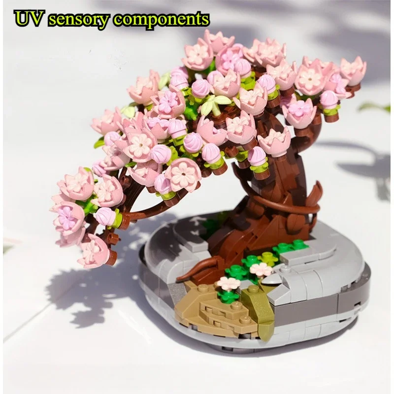 桜-鉢植えの盆栽のビルディングブロック,多肉植物のモデル,レンガの装飾品,子供向けの教育玩具,女の子へのギフト