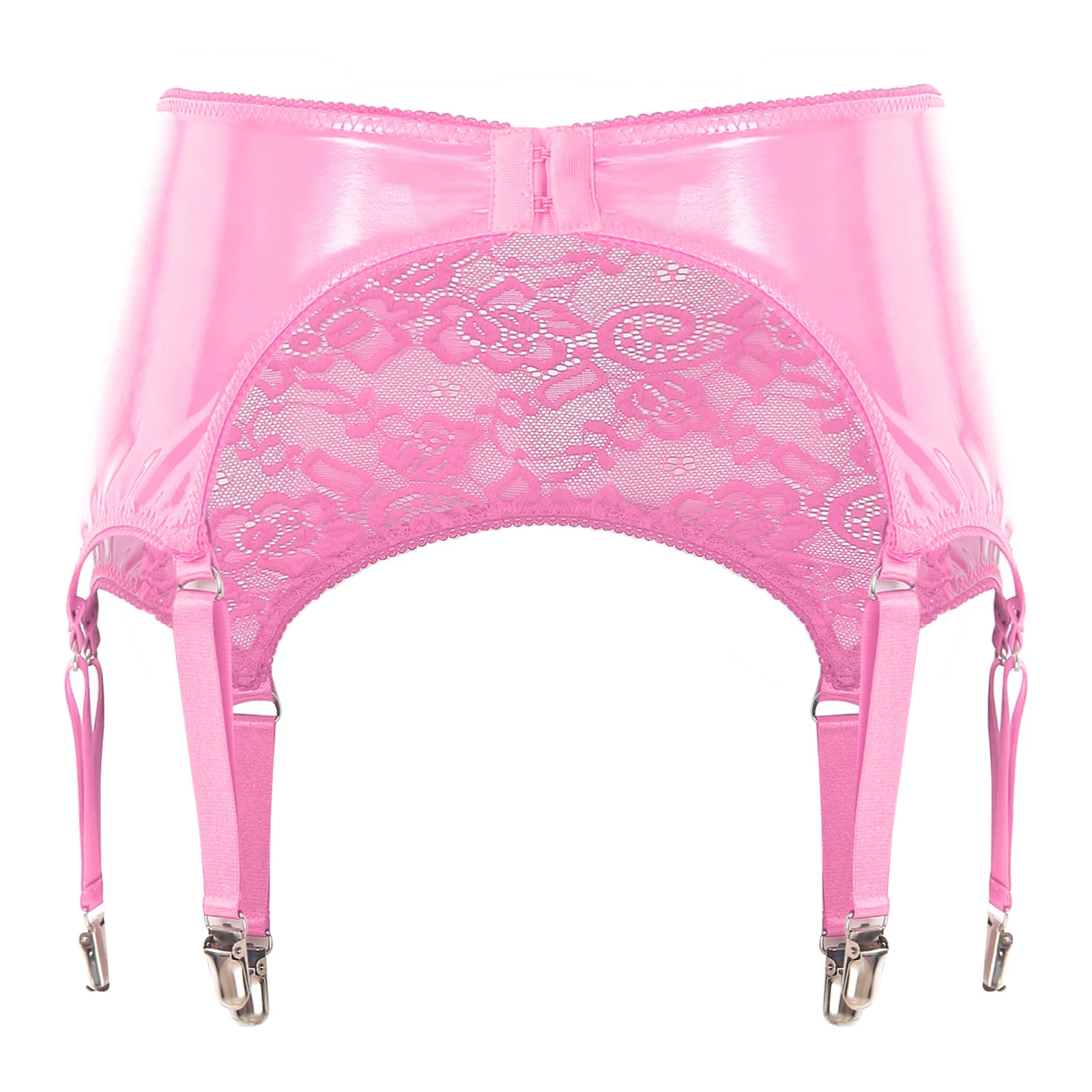 Womens PU Leather Suspender Garter Belt with 6 Metal Clips Garter Flower Lace Leather Thigh High Lingerie Stockings Garter Belt