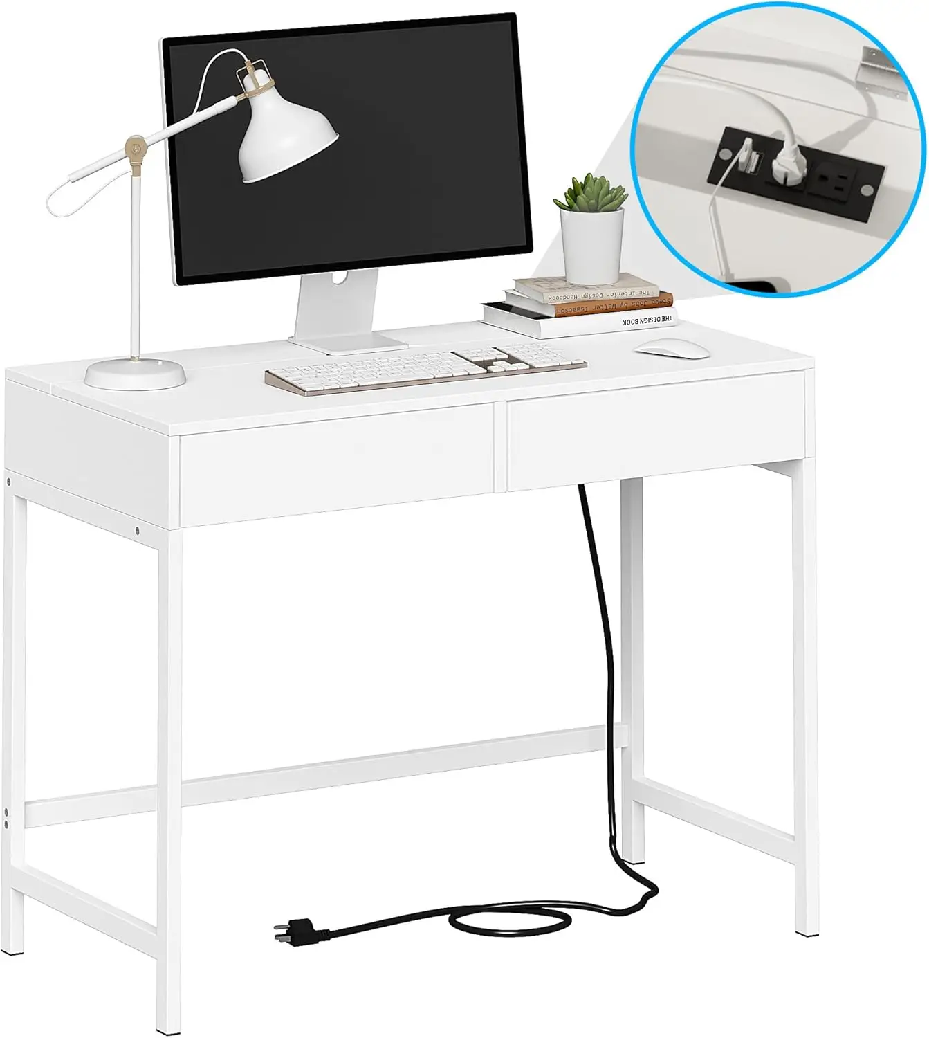 

Computer Desk with USB Charging Ports and Power Outlets Modern Simple 40 inch White Desk with 2 Drawers Vanity Desk