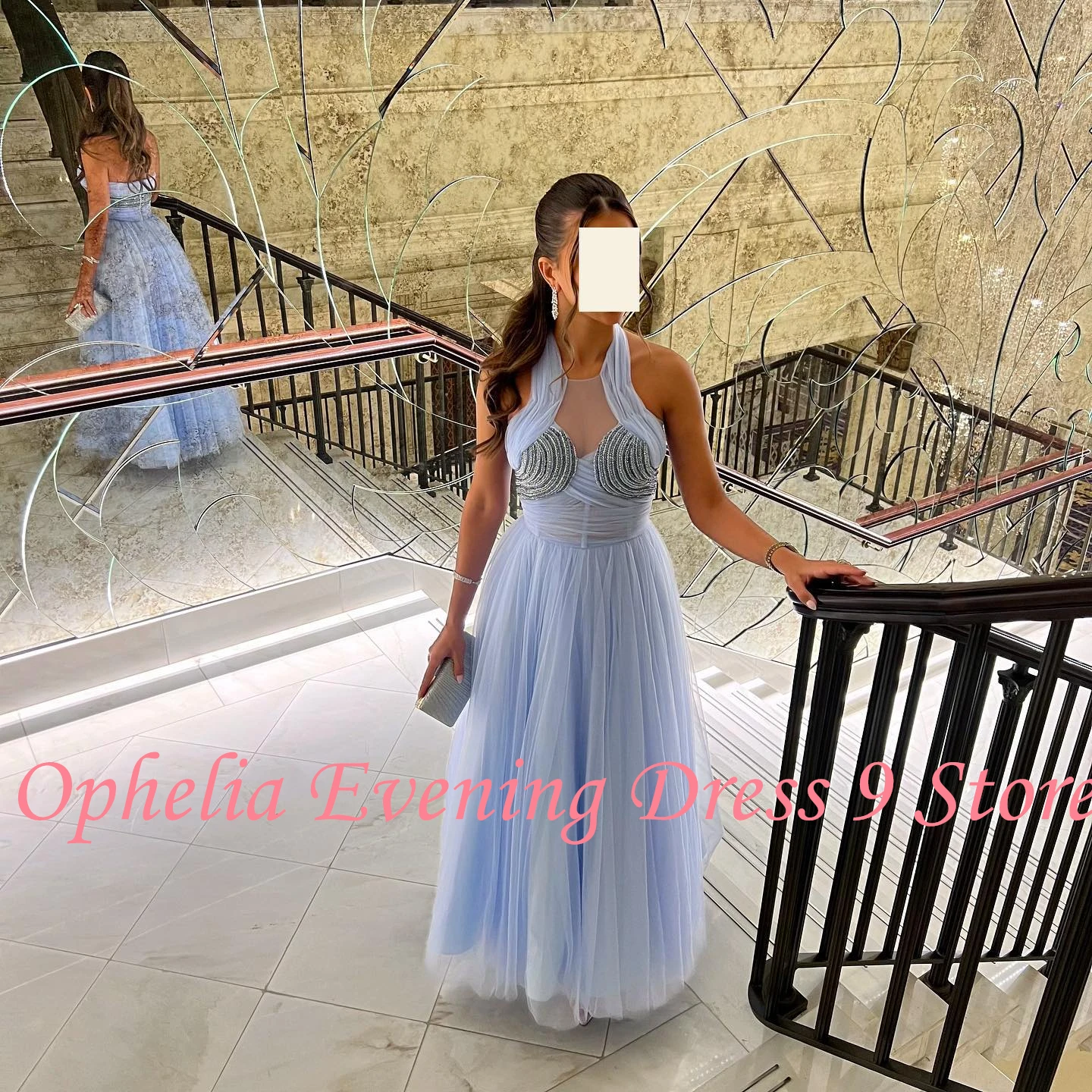 Gaun Malam Tanpa Lengan Organza Halter Halus Kustom Gaun Selebriti Panjang Pergelangan Kaki A-Line Elegan Vestido De Noche