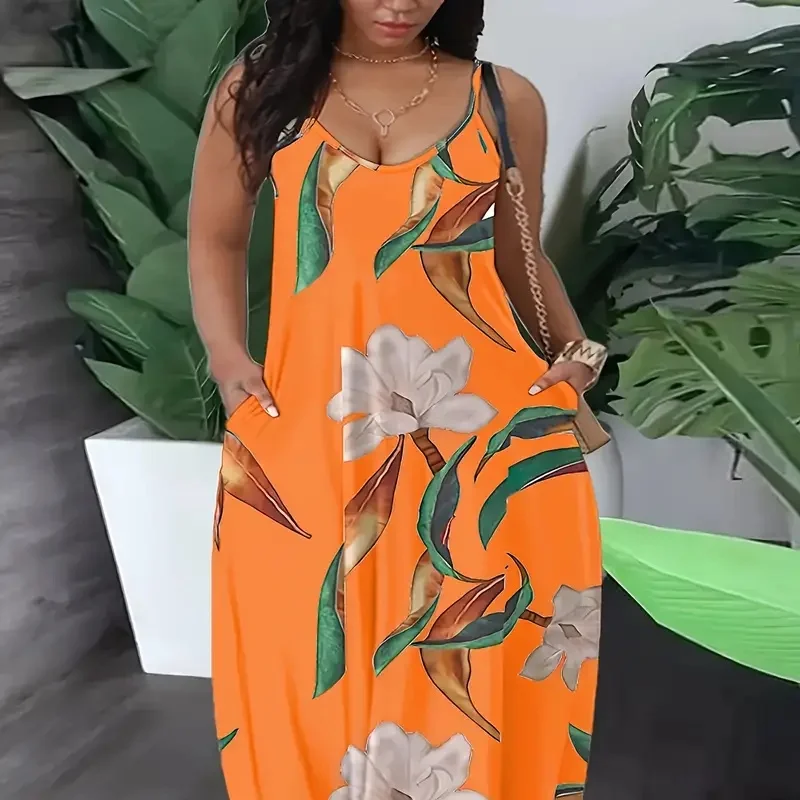 

2025 new women's summer dress, casual V-neck sleeveless bohemian style, thin belt 3D pattern, long dress