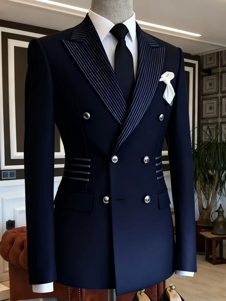 Men Peak‑Lapel Double‑Breasted Color Block Suit Jacket Slim‑Fit Business Banquet Formal Blazer