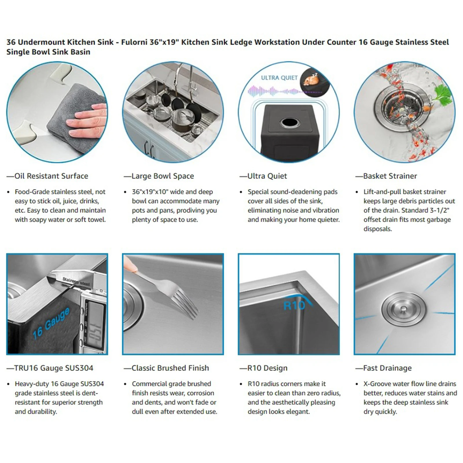 

16 Gauge Washing Sink Handmade 30/33 Inch Single Bowl Ledge Workstation with Bottom Grid Basket Strainer Multifunction Chef Sink