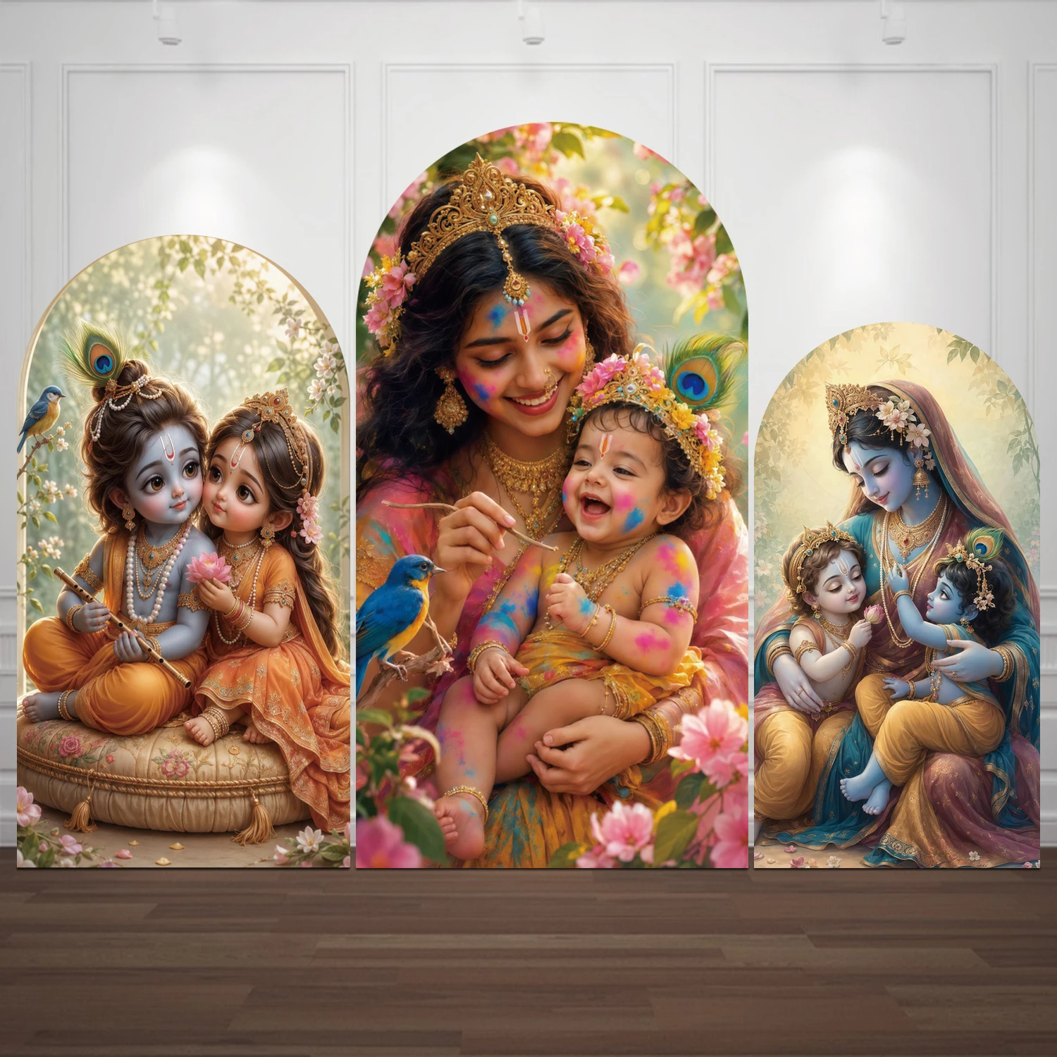 India Yashoda and Krishna Arch Cover Backdrop Florals Peacock Durga Puja Navratri Chiara Birthday Wedding Party Decor Background