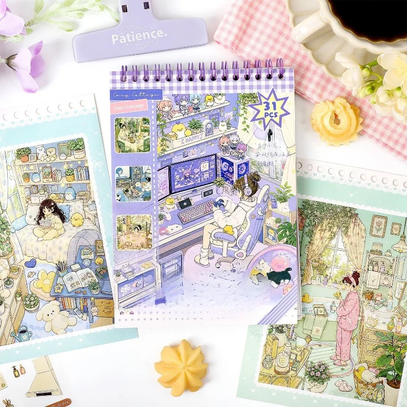 31pcs/Pack Cozy Home Series Positioning Line White Ink PET Scene Stickers Home Cottage Journal Collage Supplies Cute Stickers