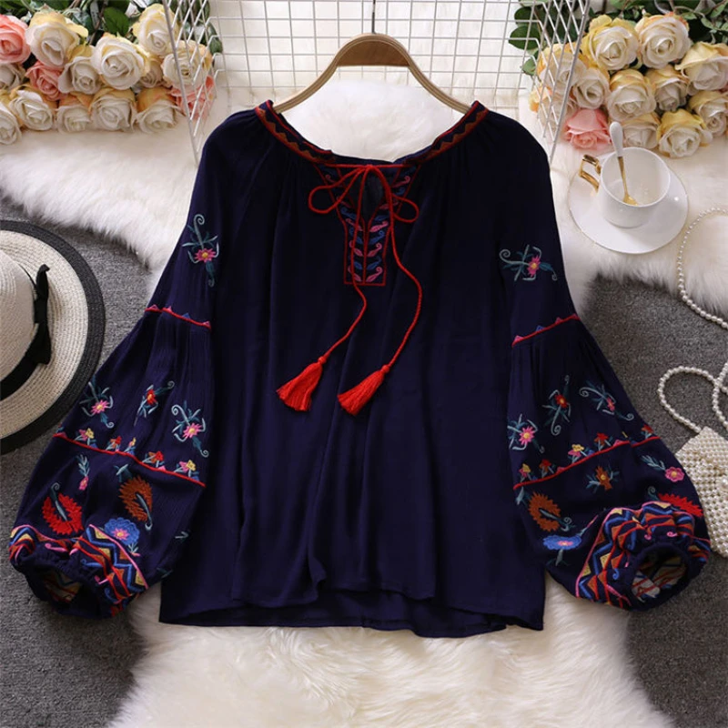 Women Vintage Cotton Linen Blouse Spring Long Sleeve Ruffles Tops Femininas Embroidery Shirt Robe Casual O Neck Blusas