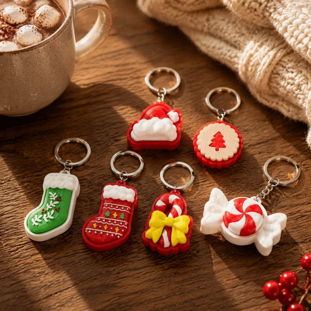 Love Heart Christmas Series Clicker Keychain Christmas Stocking Candy Cane Special Shape Keycap Pendant Christmas Tree