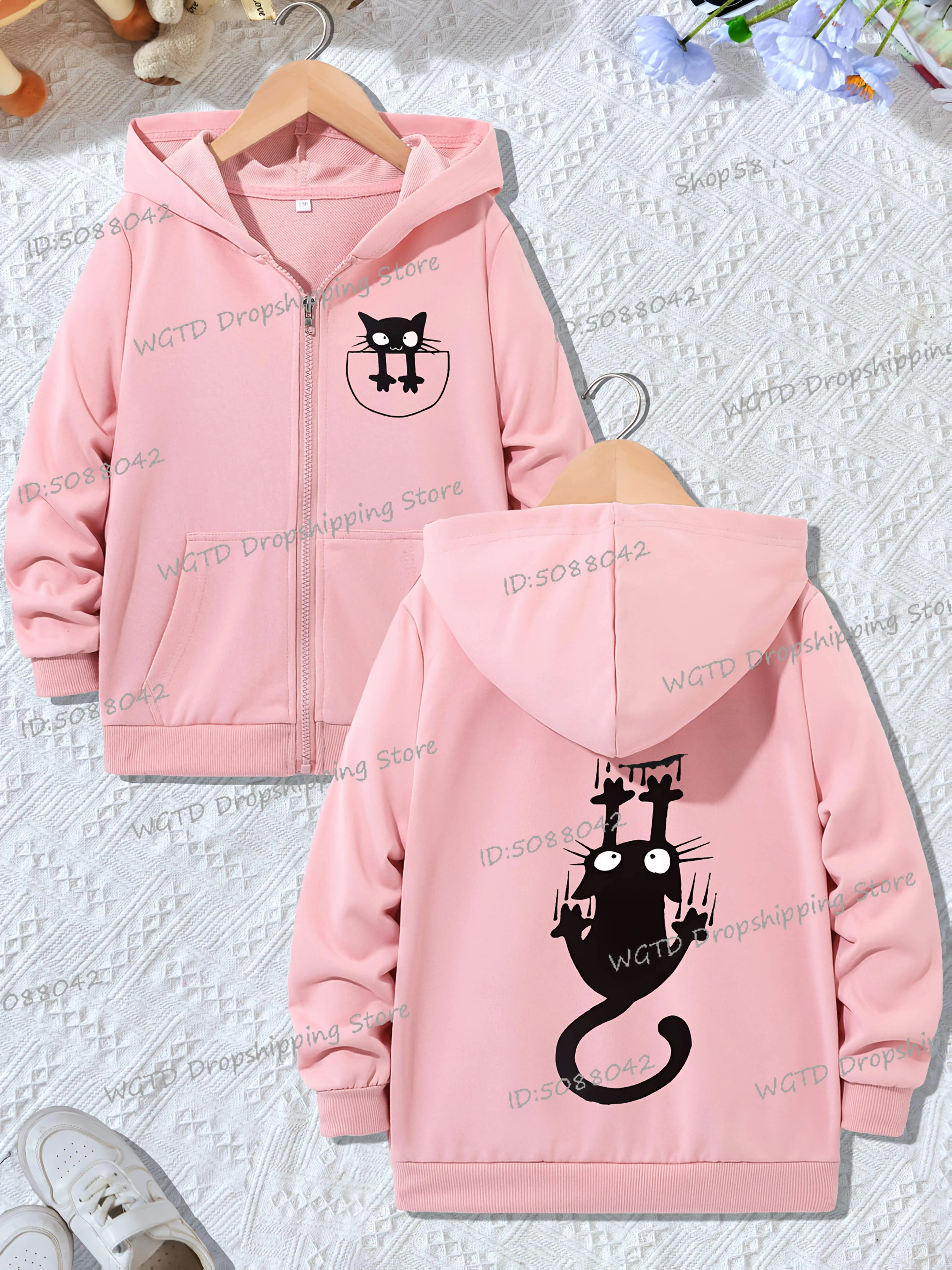 

Fun Cat Print Zipper Hoodies Girls Boys 2025 New Youth Autumn Winter Trendy Versatile Outerwear Trendy Design Kids Hooded Coat