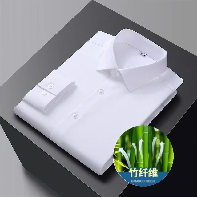 Nowa koszula męska z włókna bambusowego z długim rękawem przeciwzmarszczkowa, nie wymagająca prasowania Slim Fashion Casual Business Office białe koszule S-5XL