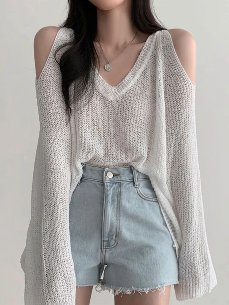 Off Shoulder Knitted Sweater Women Autumn Retro V-neck Thin Knitwear Female Korean Fashion Loose Casual All-match Sunscreen Tops