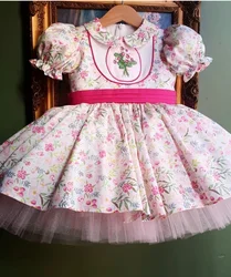 0-12Y Baby Girl Summer Pink Floral Flower Embroidery Turkish Vintage Lolita Princess Ball Gown Dress for Birthday Eid  B7