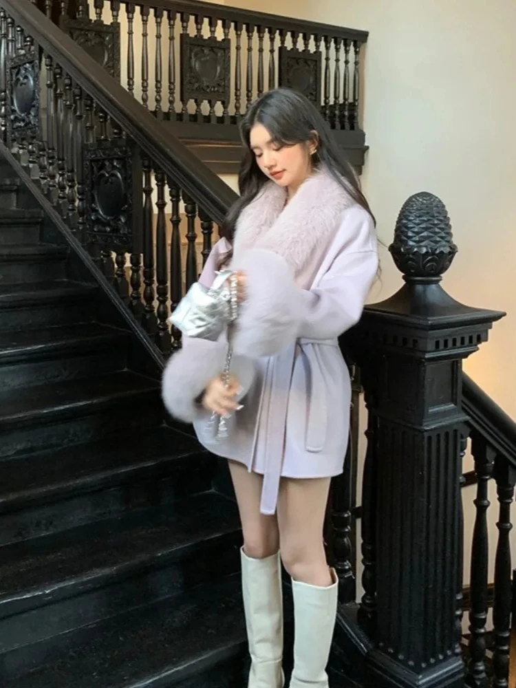 المرأة سميكة الدافئة الكشمير الفراء الطبيعي معطف الصوف ريال فوكس الفراء سترة صوفية 2025 جديد فاخر الخريف الشتاء الملابس الإناث