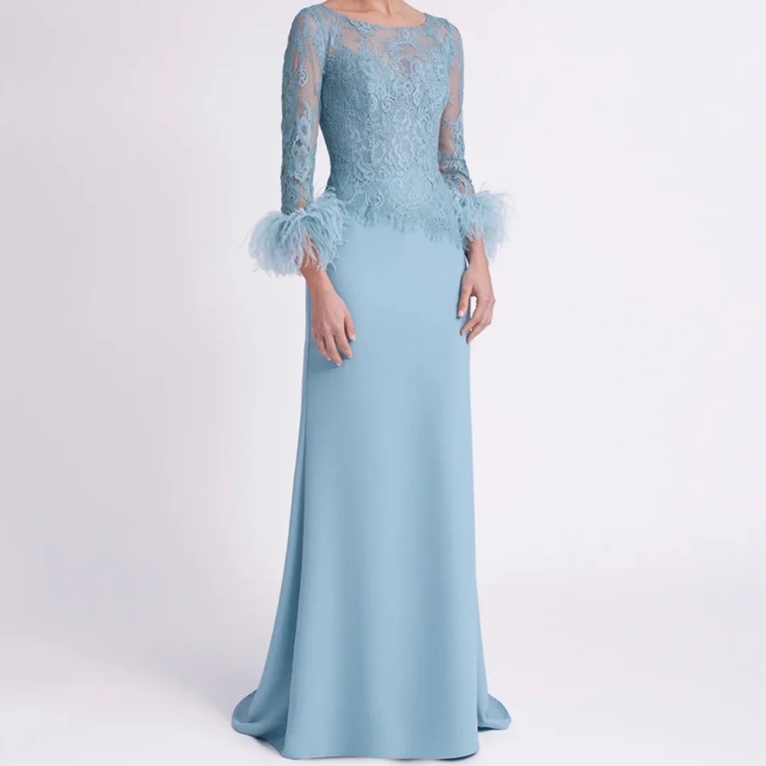 

Scoop Neck Feathers Long Sleeves A Line Sweep Train Godmom Evening Party Gown Lace Mother of The Bride Dress Customized