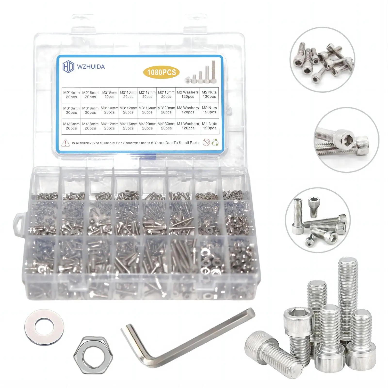 

1080Pcs M2 M3 M4 Screw Assortment, Metric Hex Socket Head Cap Bolts, 304 Stainless Steel Screws Nuts and Washers with 3 Wrenches