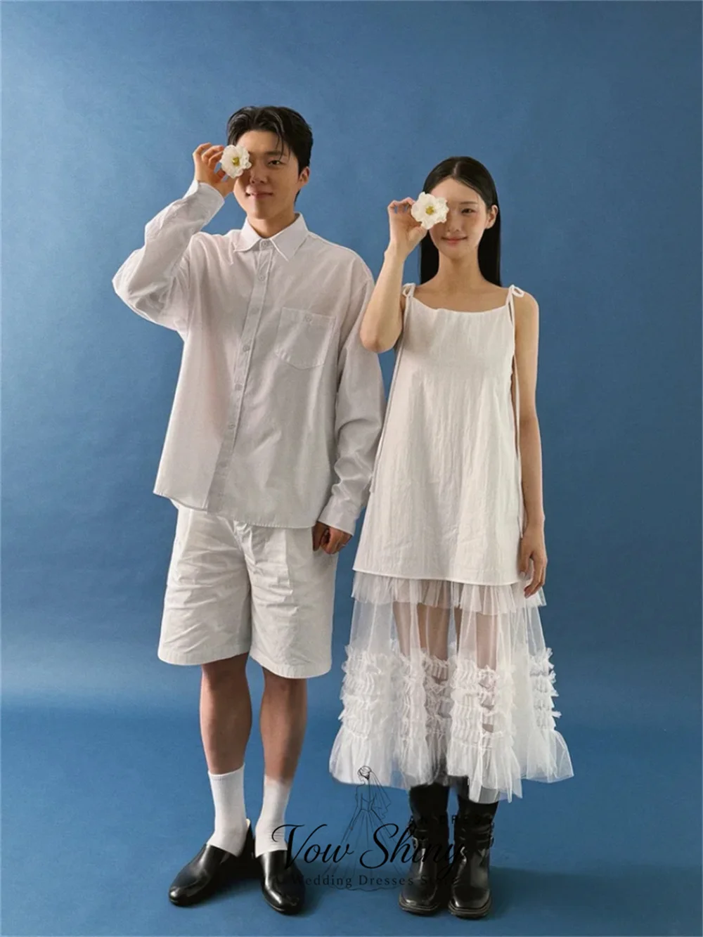 Vow Shiny Simple Spaghetti Strap Korea Wedding Dress Photo Shoot A-Line Tiered Ruffle Tulle Japan Garden Bridal Gown Customized