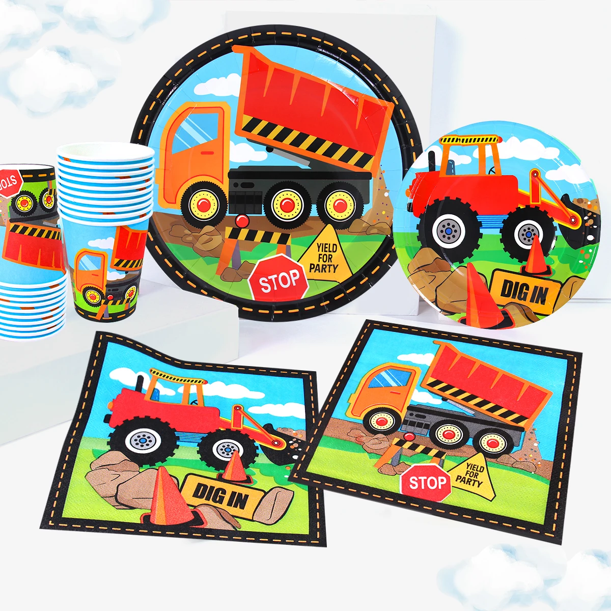 Engineering Vehicle Party Disposable Tableware Paper Plate Excavator Birthday Party Decorations Kids Boy Baby Shower Supplies