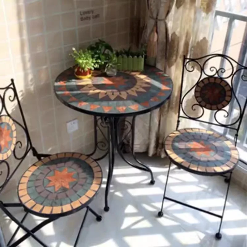 Outdoor garden balcony wrought iron mosaic puzzle table and chairs tea table three-piece set bar cafe retro nostalgia