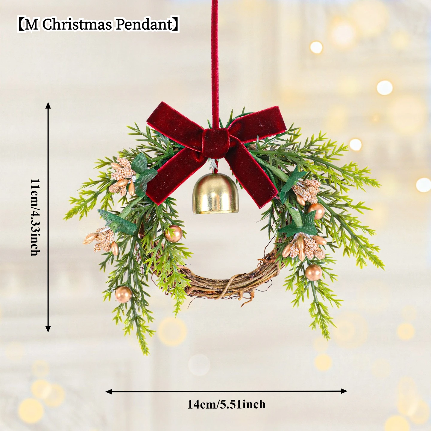 Christmas Jingle Bell Ornaments, Metal Hanging Decorations with Red Berries and Plaid Bows,Holiday Tree and Wreath Accents,Decor