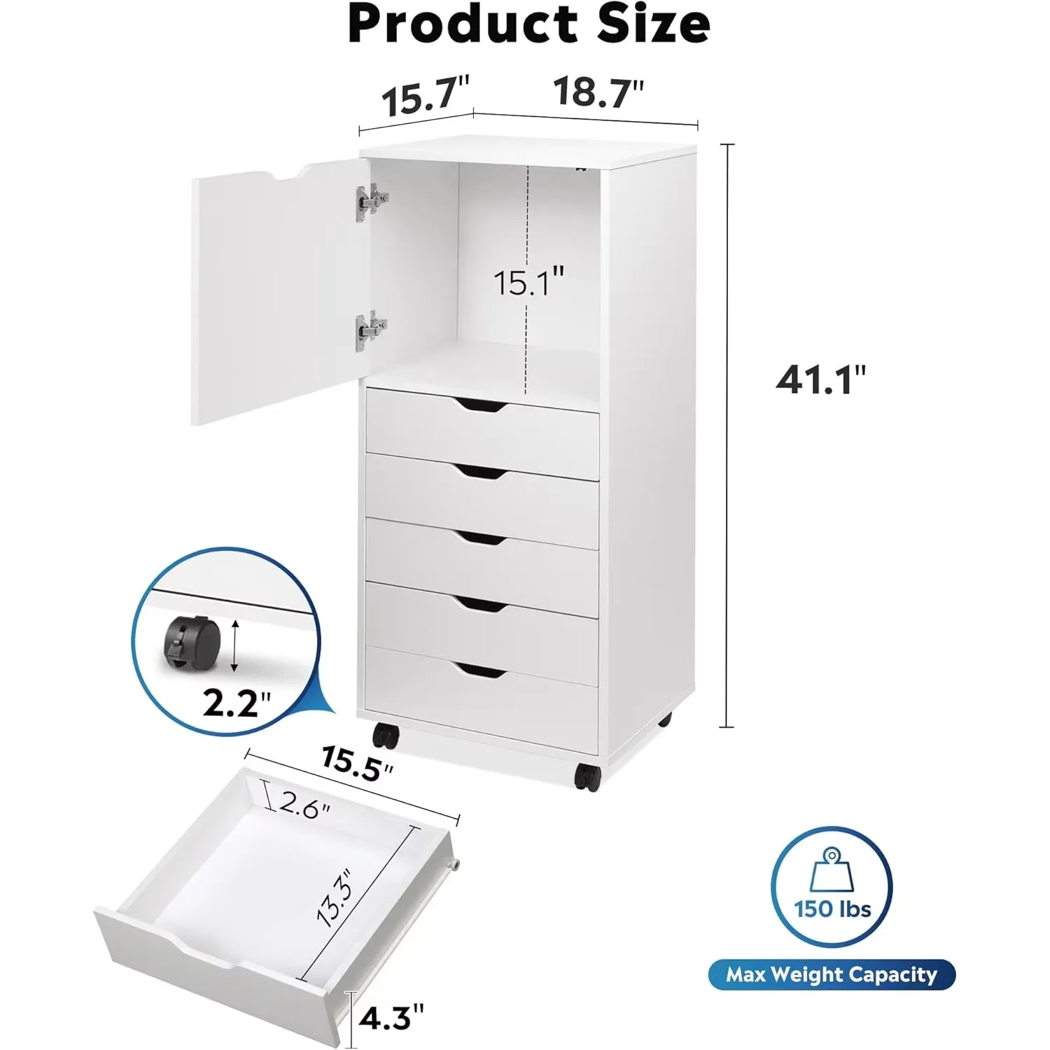 Cómoda de madera de 5 cajones con gabinete superior de almacenamiento, cómoda móvil, amplio espacio de almacenamiento para oficina en casa, blanco