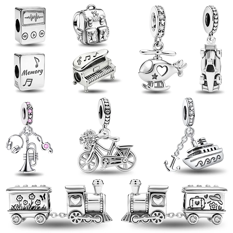 Pingentes de prata 925 da série Fashion Tool com formato de carro, navio e helicóptero, compatíveis com pulseiras originais, joias finas para presente.