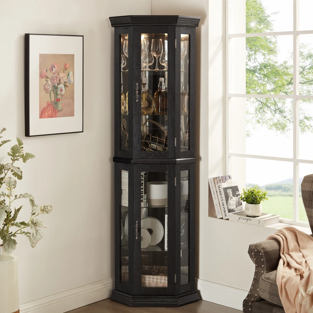 Lighted Corner Cabinet: Glass Shelf, Tempered Doors, Adjustable Shelving, Bead Bulb BLACK