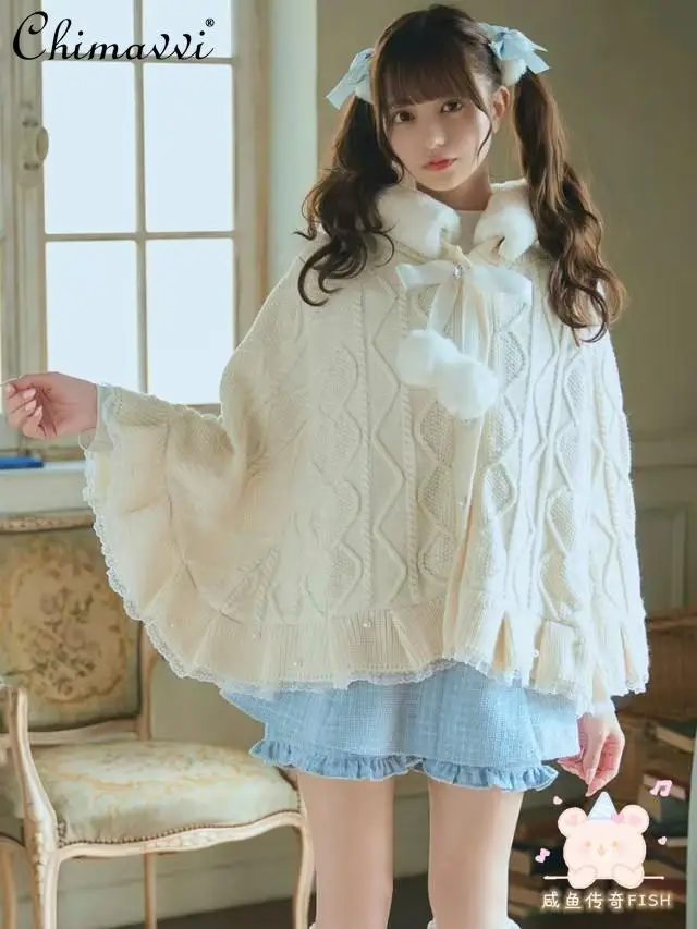 Japanese Mass-produced Lolita Sweet Cute Bear Ears Hairball Knitted Cape Girls Autumn Winter Womens Hooded Kawai Shawl Jacket