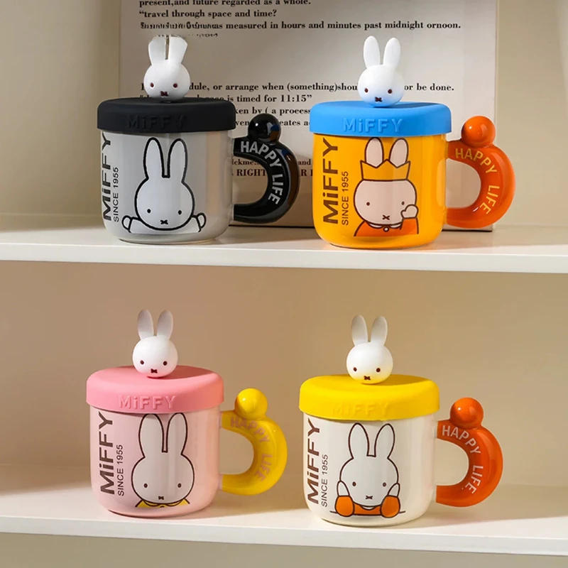 Miffy Kawaii Anime Cartoon Ceramic Cup with Lid Household Use Cute Exquisite Simple Personality Water Cup Gift Box Creativity