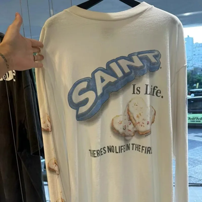 VTG Street Saint Long Sleeve Tshirts Cartoon Heart Shaped Biscuit Print Letter White Round Neck Pullover Men Women Casual Outfit