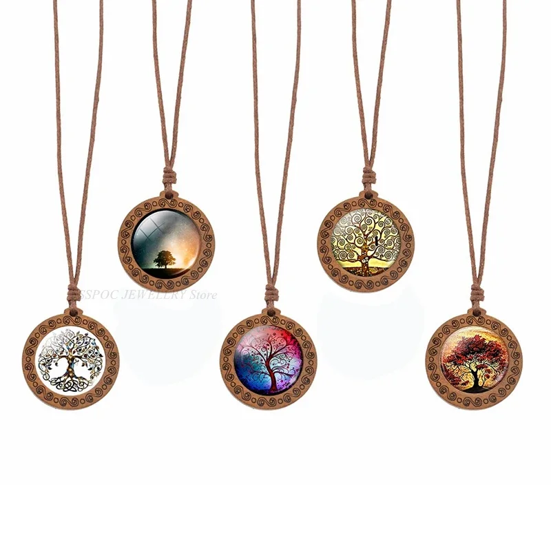Tree of Life Wooden Necklace Cabochon Glass Wood Pendant Women Family Life Tree Art Jewelry Wax Rope Chain Necklaces Gift