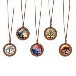 Tree of Life Wooden Necklace Cabochon Glass Wood Pendant Women Family Life Tree Art Jewelry Wax Rope Chain Necklaces Gift