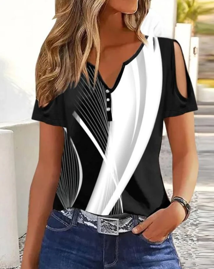 

Abstract Print Colorblock Split Sleeve T-shirt