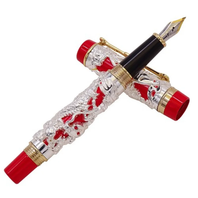

A + Jinhao винтажная ручка для каллиграфии с драконом и фениксом, перьевая ручка Fude, серебристо-красный подарок