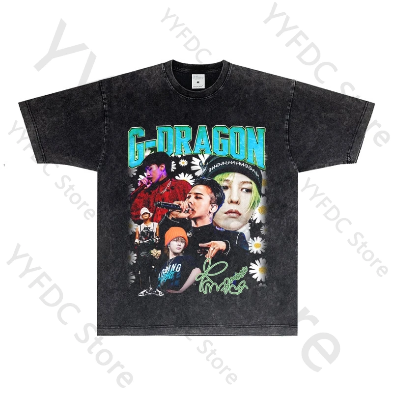 

Футболка G Dragon в стиле хип-хоп, ретро, стираная футболка Kpop, модная мужская и женская летняя футболка высокого качества из тяжелого хлопка с короткими рукавами, топы