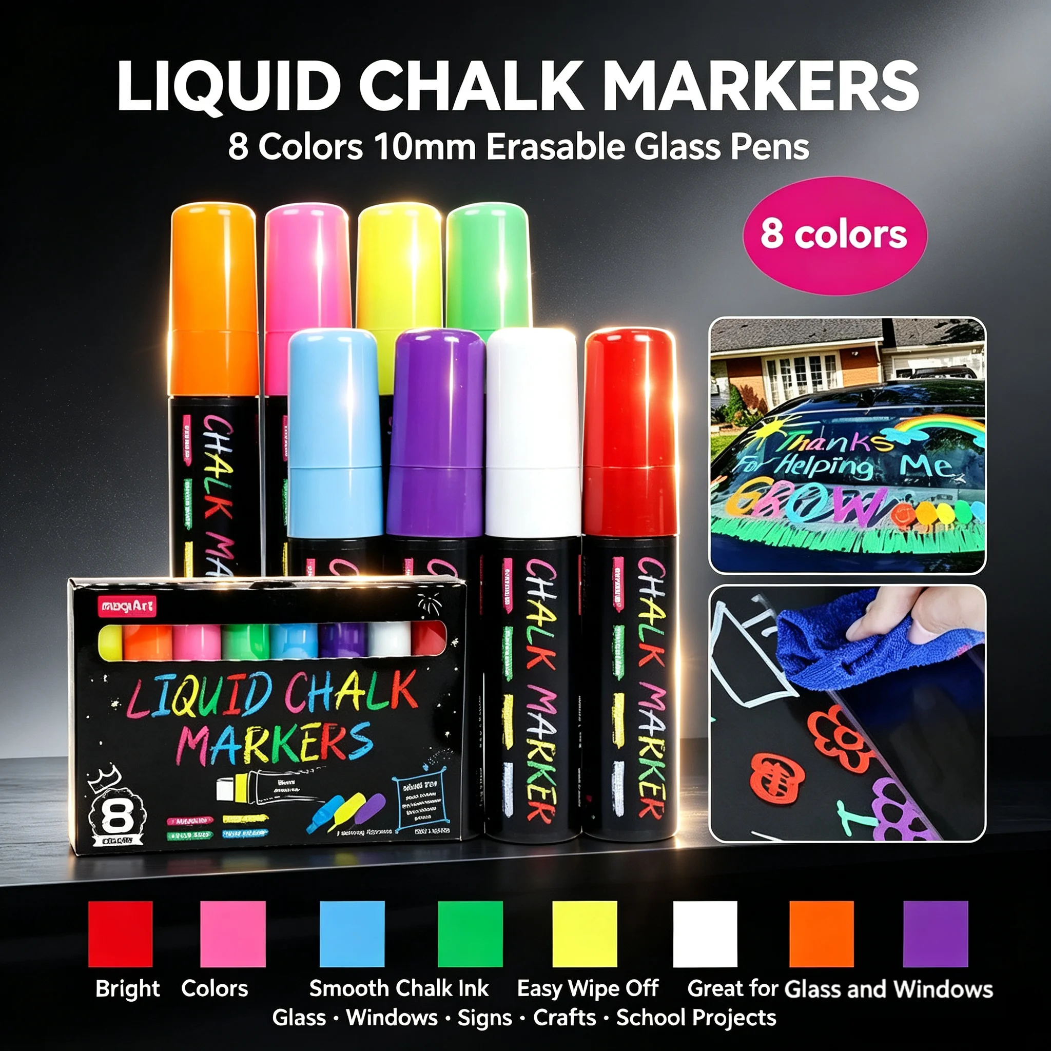 8Pcs 10mm Jumbo Tip Liquid Chalk Marker Set Washable Wet Erase Color Chalk Pens for Chalkboard Glass Window Sign Art Supplies
