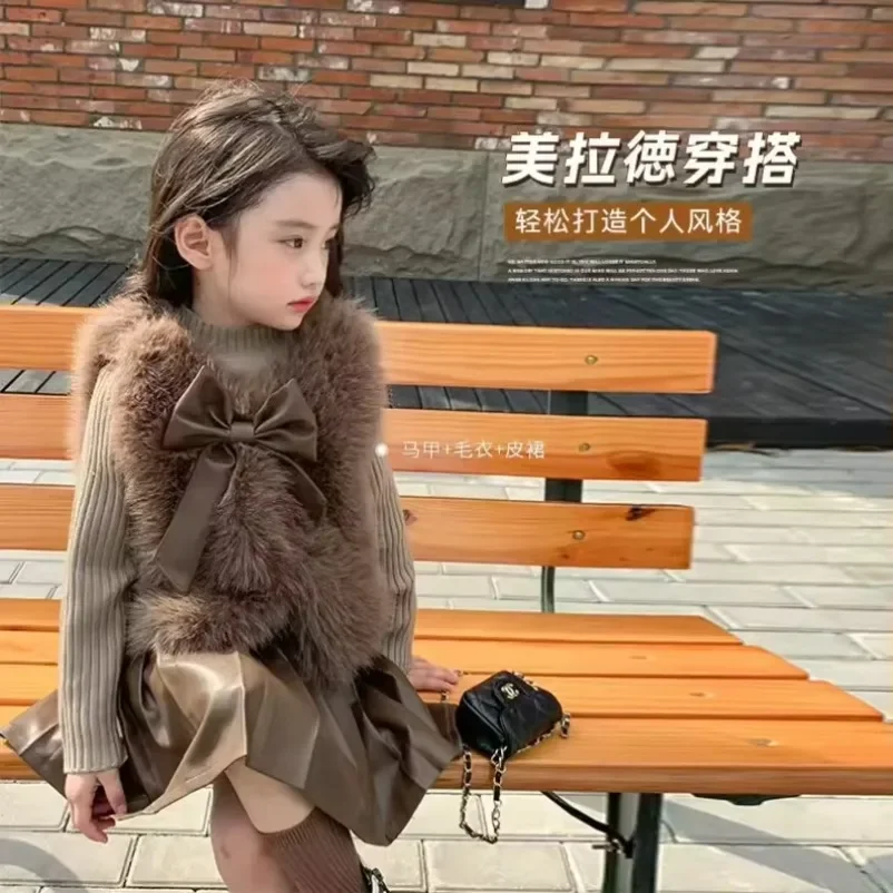 Kid Clothes Suit Korean Style The Girl Suit  Children  Fur Coat Coat Knitted Top Pleated Leather Fashion New Winter Skirt