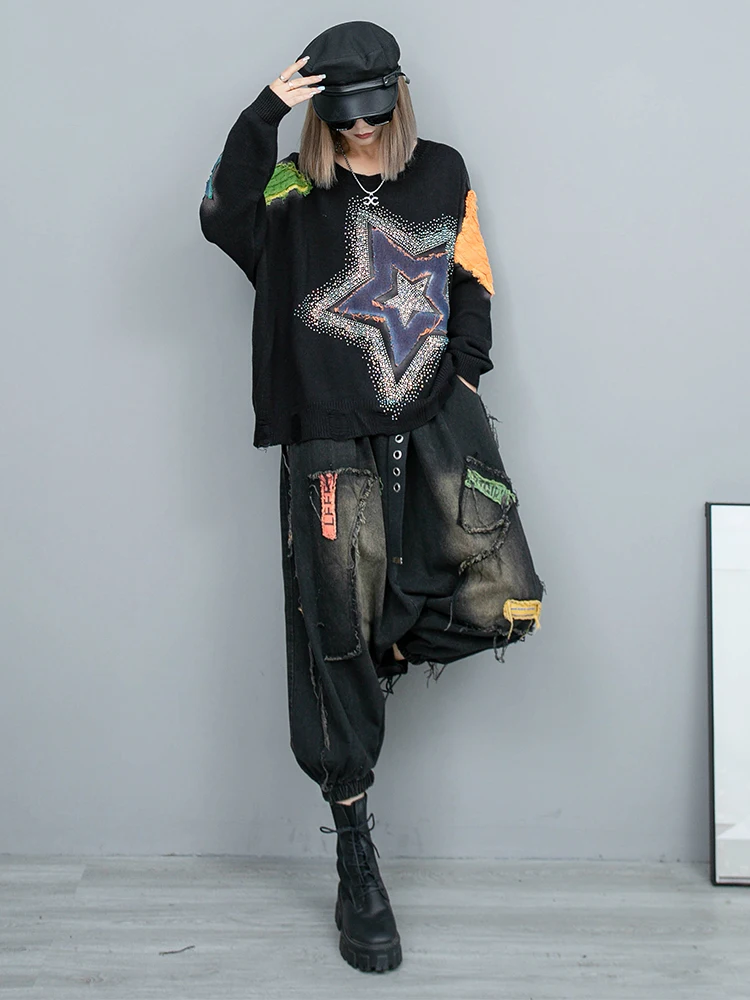 Personalized Cool Contrast Sweater + Large Crotch Trouser Two Piece Set Women 2024 Spring Autumn Loose Pant Set LX818